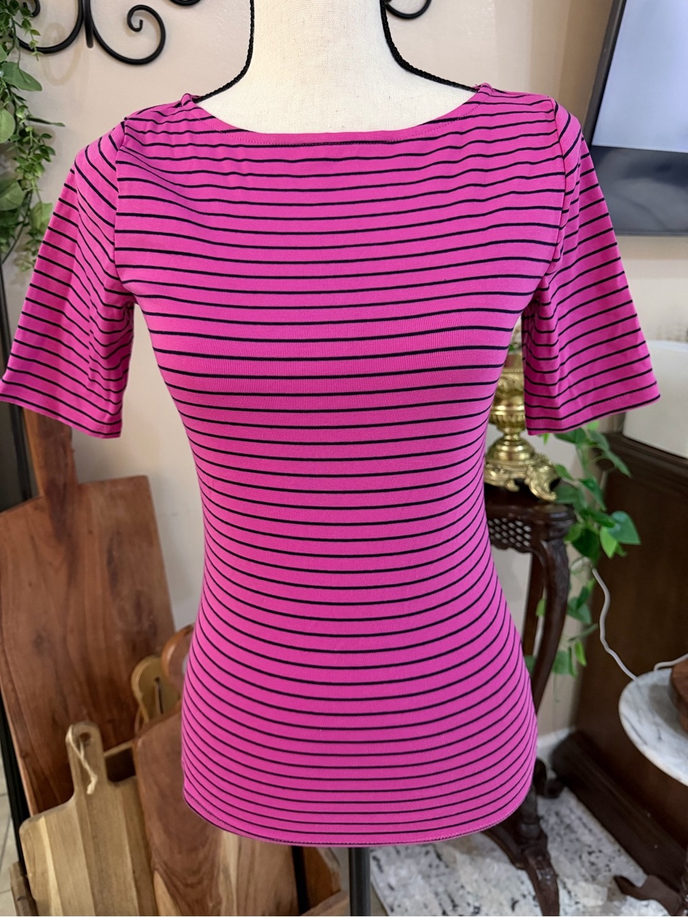Ralph Lauren Pink and Navy Blue Striped Short Sleeve Tee
